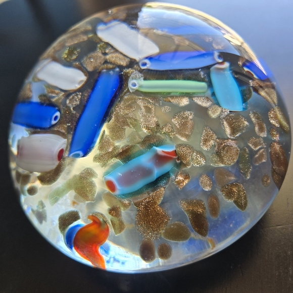 Large MCM Vintage Murano Sparkly Gold Flek Milifiori Candy Paperweight 2lbs 5oz. - Picture 2 of 16